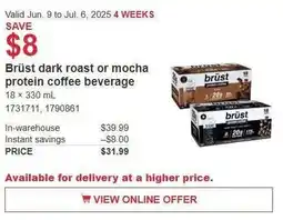 Costco Brüst dark roast or mocha protein coffee beverage offer