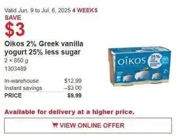 Costco Oikos 2% greek vanilla yogurt 25% less sugar offer