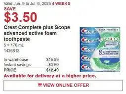 Costco Crest complete plus scope advanced active foam toothpaste offer