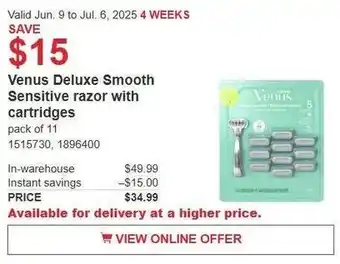 Costco Venus deluxe smooth sensitive razor with cartridges offer