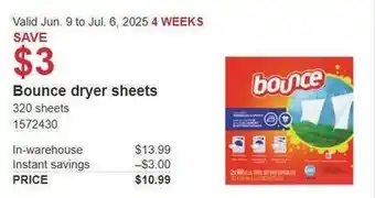 Costco Bounce dryer sheets offer
