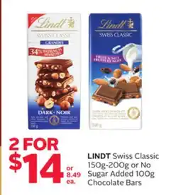 Rexall LINDT Swiss Classic 150g-200g or No Sugar Added 100g Chocolate Bars offer