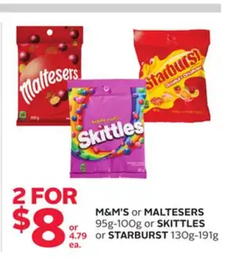 Rexall M&M'S or MALTESERS 95g-100g or SKITTLES or STARBURST 130g-191g offer
