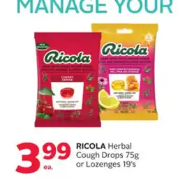 Rexall RICOLA Herbal Cough Drops 75g or Lozenges 19' s offer