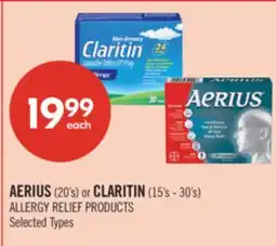 Shoppers Drug Mart AERIUS (20's) or CLARITIN (15's - 30's) ALLERGY RELIEF PRODUCTS offer