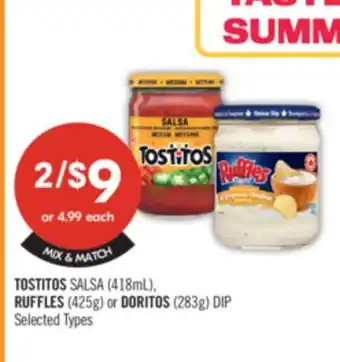 Shoppers Drug Mart TOSTITOS SALSA (418ml), RUFFLES (425g) or DORITOS (283g) DIP offer