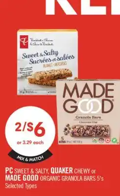 Shoppers Drug Mart PC SWEET & SALTY, QUAKER CHEWY or MADE GOOD ORGANIC GRANOLA BARS 5's offer