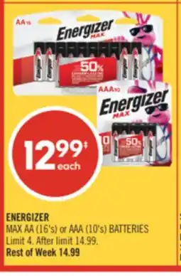 Shoppers Drug Mart ENERGIZER MAX AA (16's) or AAA (10's) BATTERIES offer
