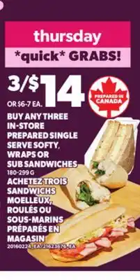 Independent City Market BUY ANY THREE IN-STORE PREPARED SINGLE SERVE SOFTY, WRAPS OR SUB SANDWICHES, 180-299 G offer