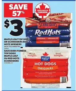 Independent City Market MAPLE LEAF TOP DOGS OR SCHNEIDERS RED HOTS WIENERS, 375 G offer