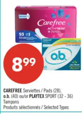 Pharmaprix CAREFREE Pads (28), o.b. (40) or PLAYTEX SPORT (32 - 36) Tampons offer