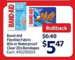 Walmart Band-Aid Flexible Fabric 80s or Waterproof Clear 20s Bandages offer