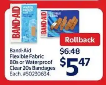 Walmart Band-Aid Flexible Fabric 80s or Waterproof Clear 20s Bandages offer