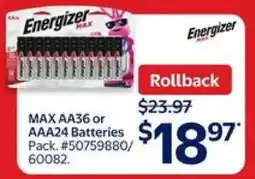 Walmart Energizer MAX AA36 or AAA24 Batteries offer
