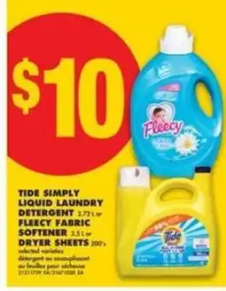 No Frills Tide Simply Liquid Laundry Detergent or Fleecy Fabric Softener or Dryer Sheets offer