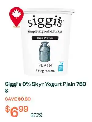 Voilà Siggi's 0% Skyr Yogurt Plain 750 g offer