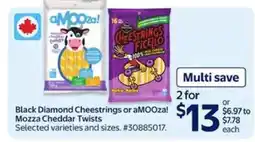 Walmart Black Diamond Cheestrings or aMOOza! Mozza Cheddar Twists offer