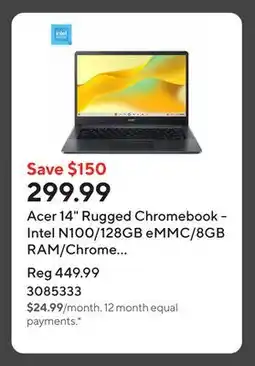 Staples Acer 14 Rugged Chromebook - Intel N100/128GB eMMC/8GB RAM/Chrome OS with 3 months of Gemini Advanced offer