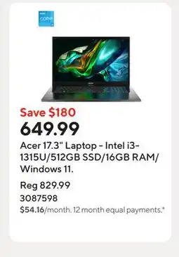 Staples Acer 17.3 Laptop - Intel i3-1315U/512GB SSD/16GB RAM/Windows 11 offer