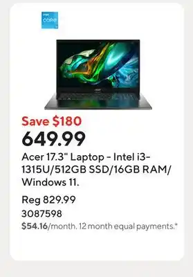 Staples Acer 17.3 Laptop - Intel i3-1315U/512GB SSD/16GB RAM/Windows 11 offer