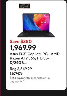 Staples Asus 13.3 Copilot+ PC - AMD Ryzen AI 9 365/1TB SSD/24GB RAM/Windows 11 Home/Nano Black offer