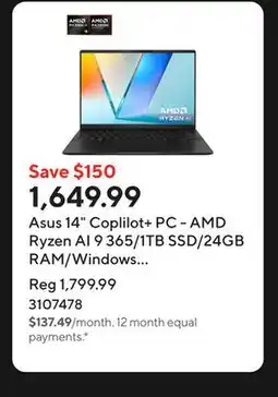 Staples Asus 14 Coplilot+ PC - AMD Ryzen AI 9 365/1TB SSD/24GB RAM/Windows 11 Home offer