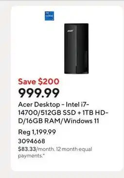 Staples Acer Desktop - Intel i7-14700/512GB SSD + 1TB HDD/16GB RAM/Windows 11 offer