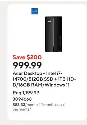 Staples Acer Desktop - Intel i7-14700/512GB SSD + 1TB HDD/16GB RAM/Windows 11 offer