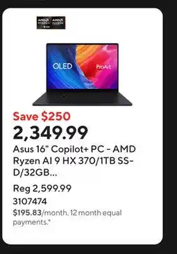 Staples Asus 16 Copilot+ PC - AMD Ryzen AI 9 HX 370/1TB SSD/32GB RAM/Windows 11 Home/Nano Black offer