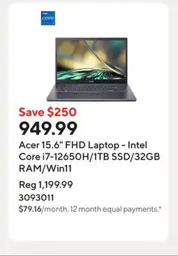 Staples Acer 15.6 FHD Laptop - Intel Core i7-12650H/1TB SSD/32GB RAM/Win11 offer