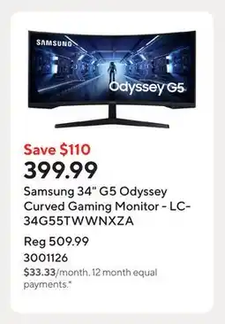 Staples Samsung 34 G5 Odyssey Curved Gaming Monitor - LC34G55TWWNXZA offer