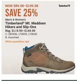 Cabela's Men's & Women's Timberland Mt. Maddsen Hikers and Slip-Ons offer