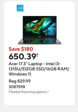 Staples Acer 17.3 Laptop - Intel i3-1315U/512GB SSD/16GB RAM/Windows 11 offer