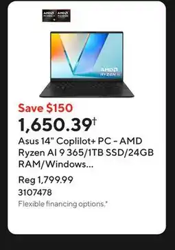 Staples Asus 14 Coplilot+ PC - AMD Ryzen AI 9 365/1TB SSD/24GB RAM/Windows 11 Home offer