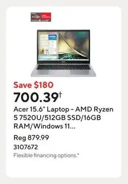 Staples Acer 15.6 Laptop - AMD Ryzen 5 7520U/512GB SSD/16GB RAM/Windows 11 Home offer