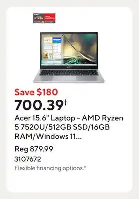 Staples Acer 15.6 Laptop - AMD Ryzen 5 7520U/512GB SSD/16GB RAM/Windows 11 Home offer