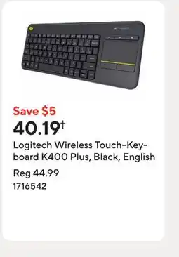 Staples Logitech Wireless Touch-Keyboard K400 Plus, Black, English offer