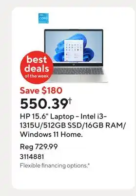 Staples HP 15.6 Laptop - Intel i3-1315U/512GB SSD/16GB RAM/Windows 11 Home offer