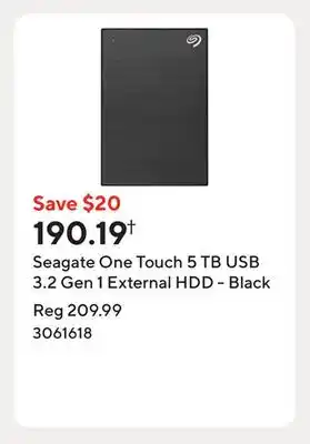 Staples Seagate One Touch 5 TB USB 3.2 Gen 1 External HDD - Black offer
