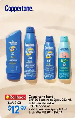 Walmart Coppertone Sport SPF 30 Sunscreen Spray or Lotion or SPF 50 Sport or Kids' sunscreen spray offer