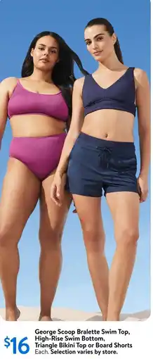 Walmart George scoop bralette swim top, high-rise swim bottom, triangle bikini top or board shorts offer