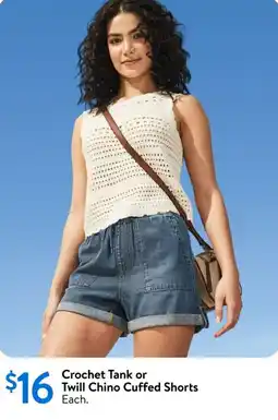 Walmart Crochet tank or twill chino cuffed shorts offer