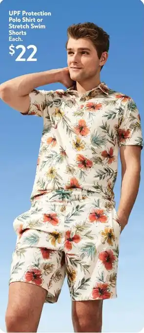 Walmart UPF protection polo shirt or stretch swim shorts offer