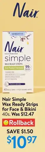 Walmart Nair Simple wax ready strips for face & bikini offer