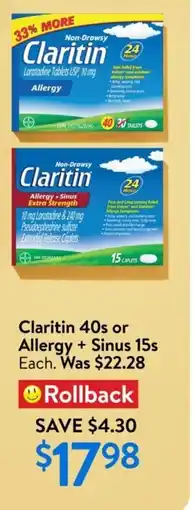 Walmart Claritin 40s or Allergy, Sinus 15s offer