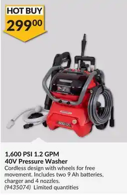 Princess Auto 1,600 PSI 1.2 GPM 40V Pressure Washer offer
