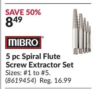 Princess Auto 5pc Spiral Flute Screw Extractor Set offer