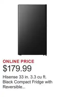 Costco Hisense 33 in. 3.3 cu ft. Black Compact Fridge with Reversible Curved Door offer