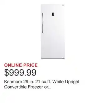 Costco Kenmore 29 in. 21 cu.ft. White Upright Convertible Freezer or Refrigerator offer