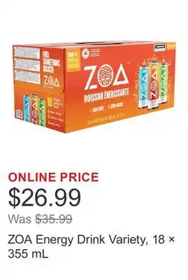 Costco ZOA Energy Drink Variety, 18 × 355 mL offer